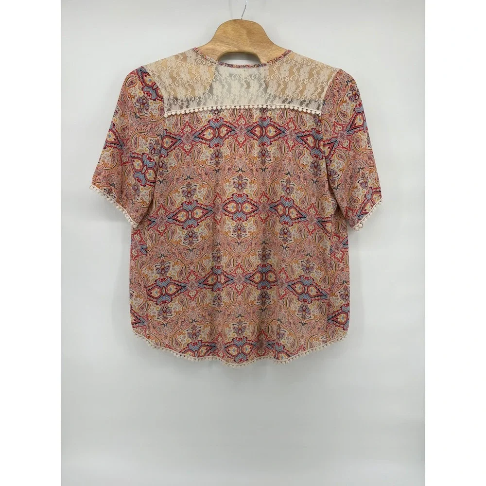 Bella D Womens Open Front Short Sleeve Kimono Cardigan Paisley Lace Trim ‎ XL